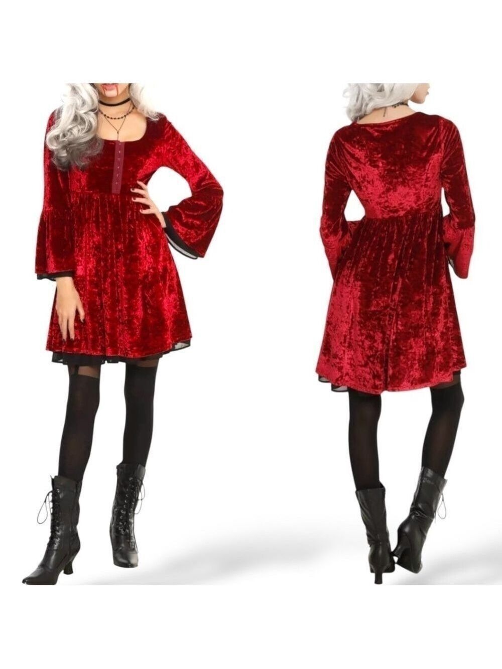HOT TOPIC Poly Red Velvet Black Chiffon Trim Hook & Eye Close Dress Bell Sleeves